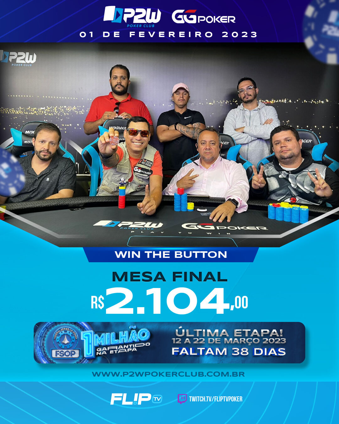 WIN THE BUTTON 2K GTD 01 de Fevereiro - P2w Poker Brasília